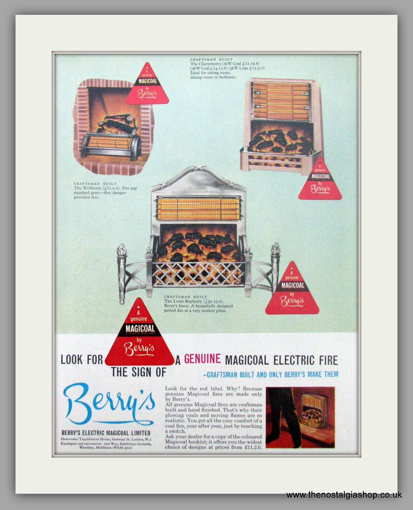 Berry's Magicoal Electric Fire. Original Advert 1962 (ref AD7459)