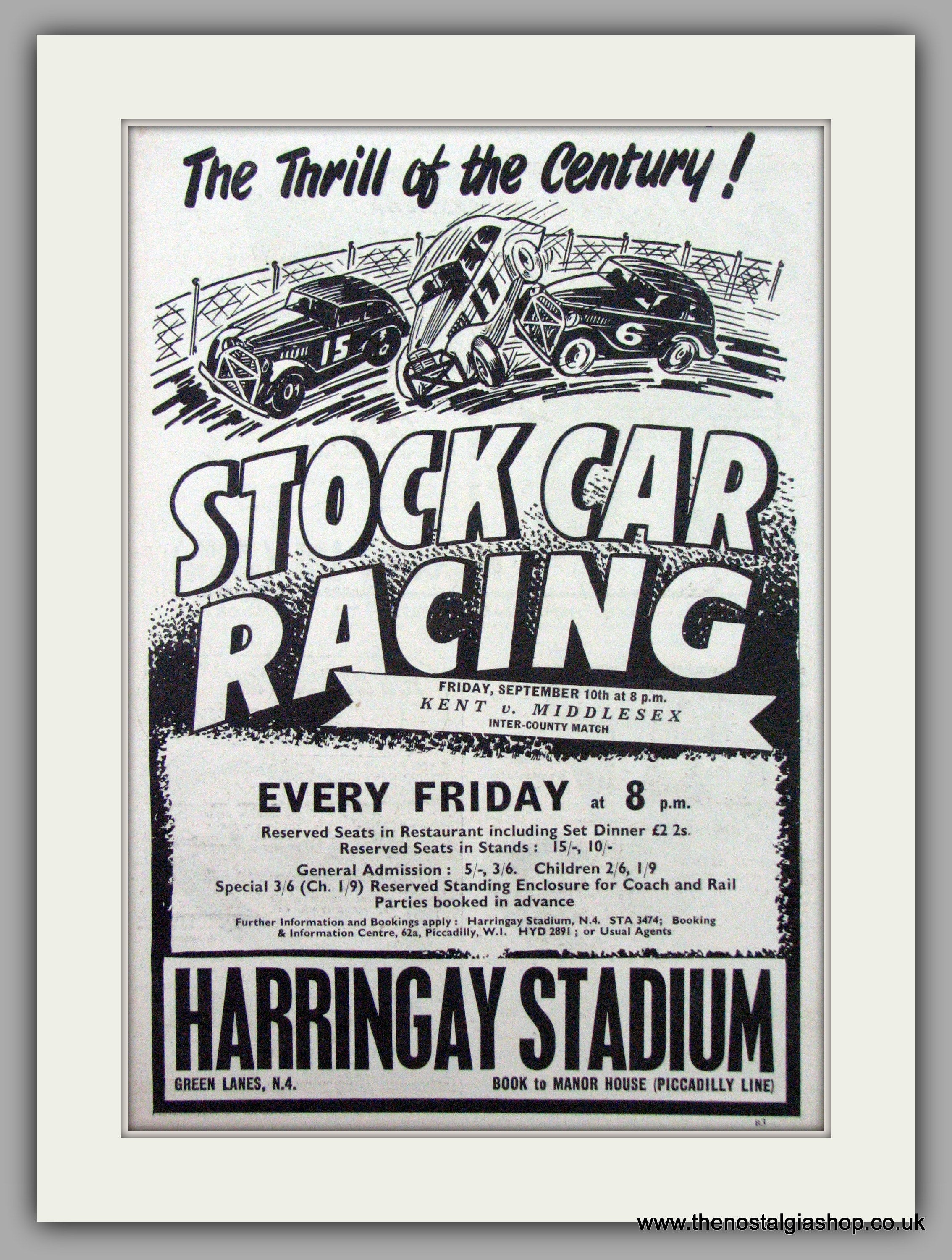 Harringay Stadium Stock Car Racing. Kent v Middlesex. Original Advert ...