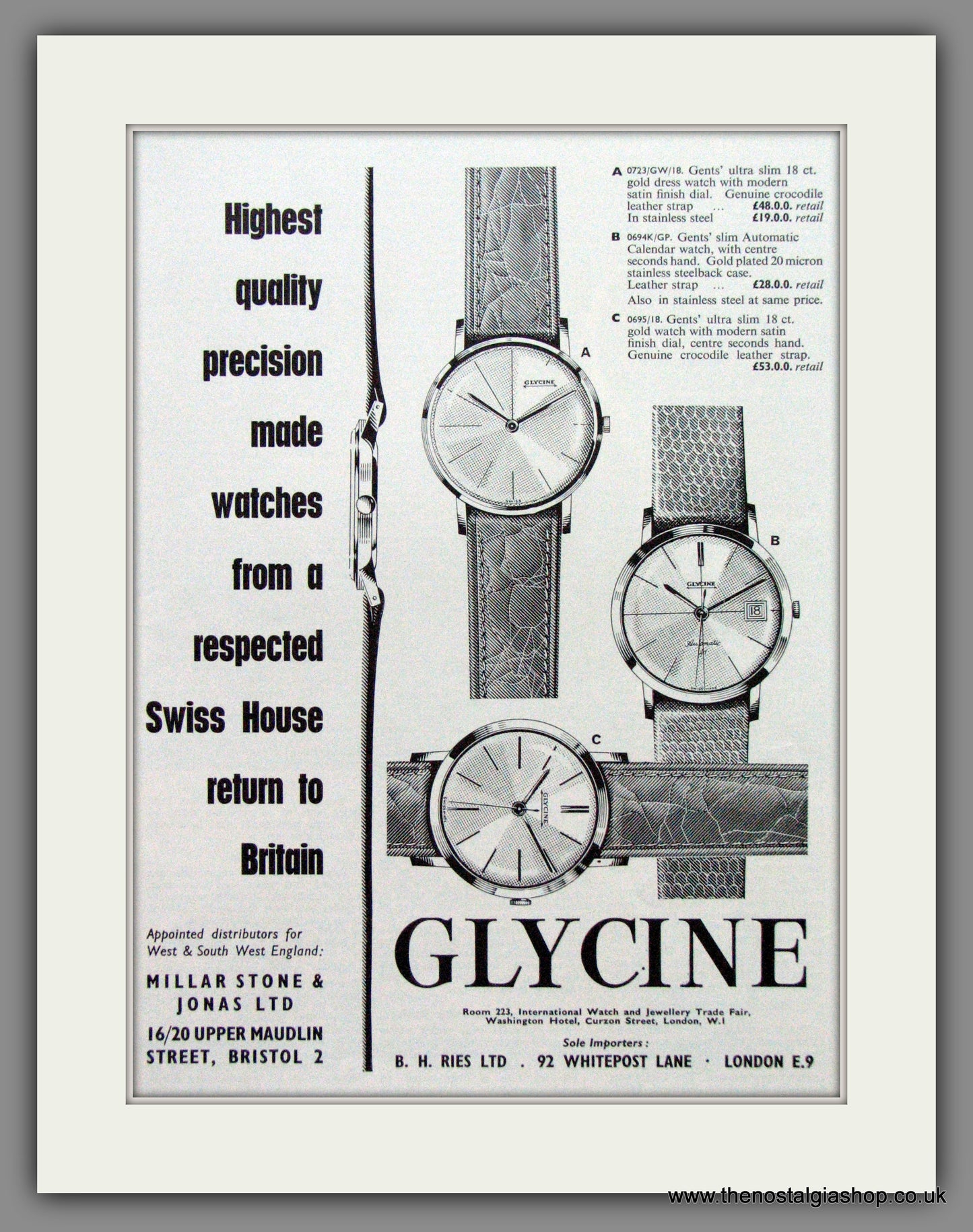 Glycine Watches. Original Advert 1962.  (ref AD7689)