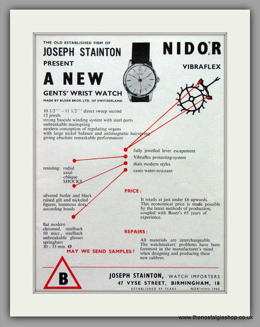 Nidor Vibraflex Watches. Original Advert 1960.  (ref AD7691)
