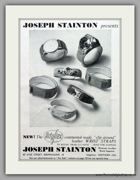Artyflex Clip Leather Wrist Straps-Joseph Stainton. Original Advert 1956.  (ref AD7692)