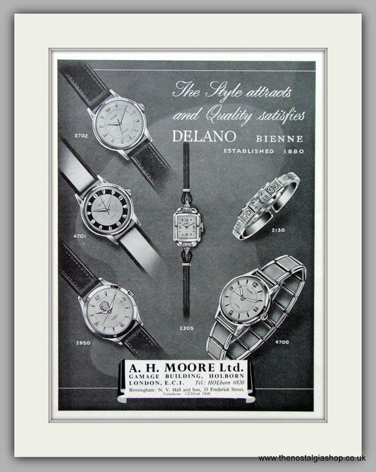 Delano Bienne Watches. Original Advert 1956.  (ref AD7696)