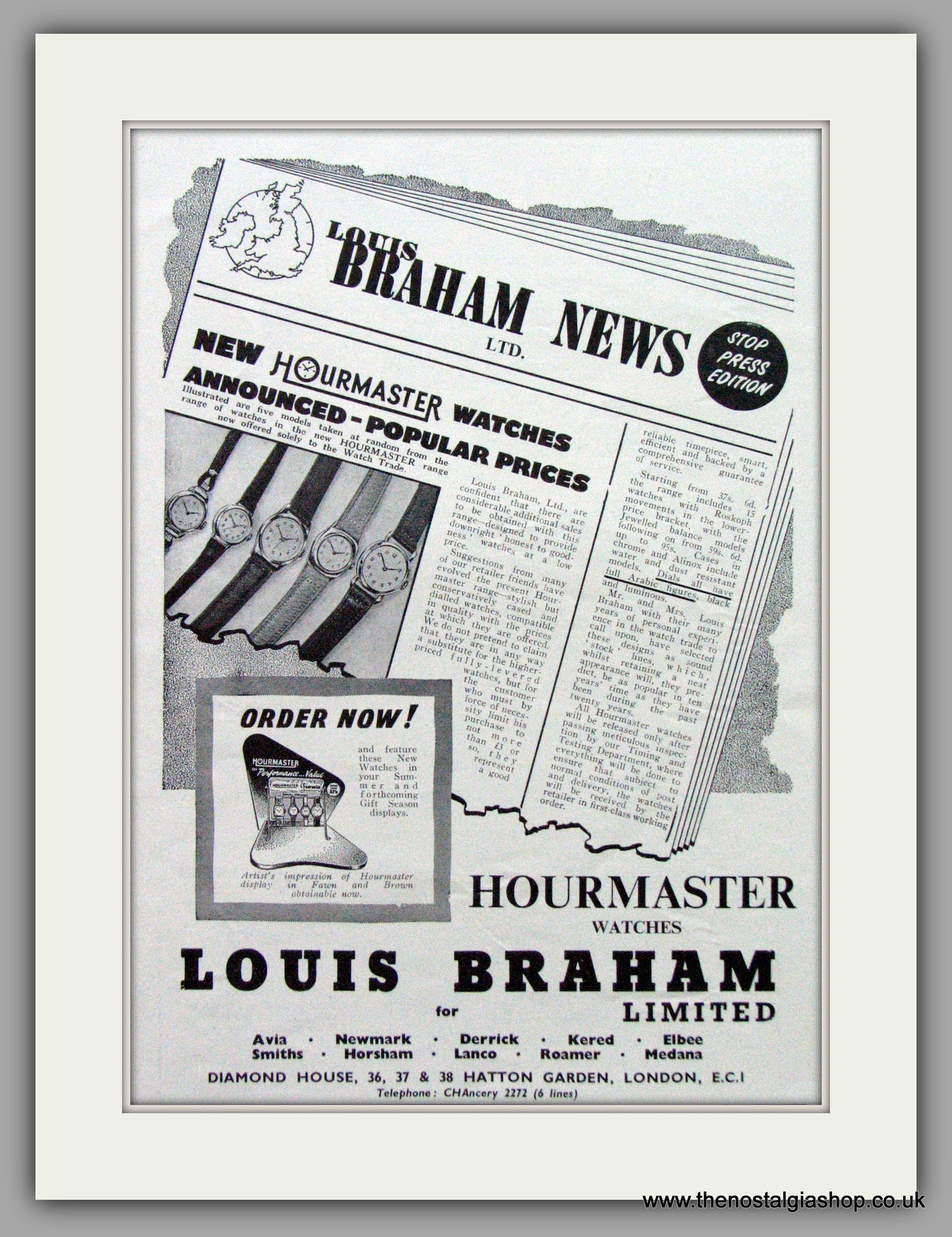 Hourmaster Watches Louis Braham. Original Advert 1956.  (ref AD7700)