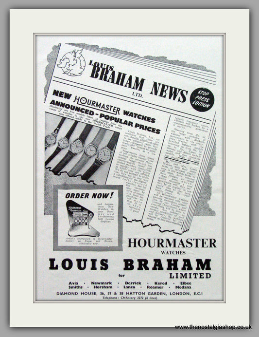 Hourmaster Watches Louis Braham. Original Advert 1956.  (ref AD7700)