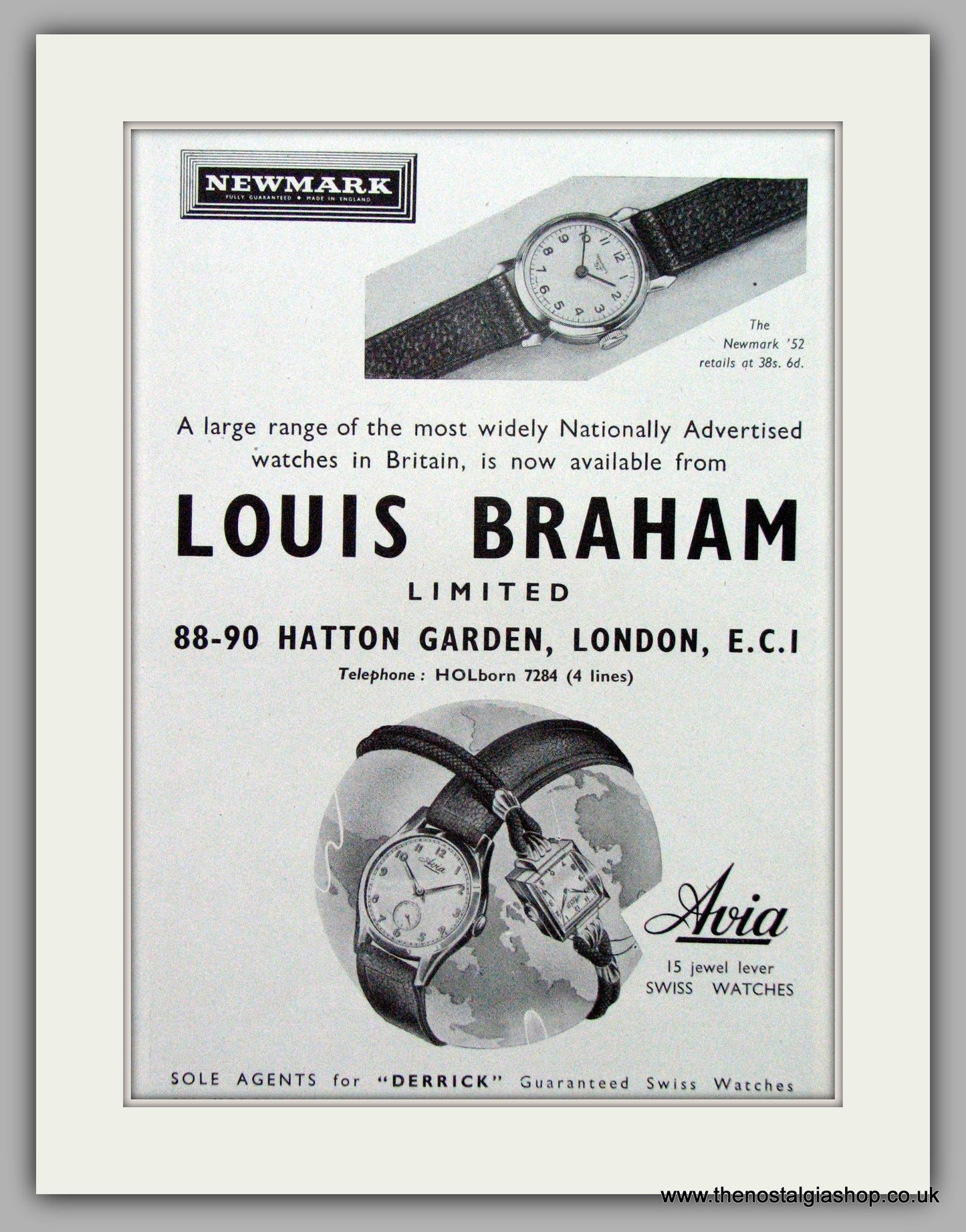 Louis Braham Watches Avia & Newmark. Original Advert 1952.  (ref AD7701)