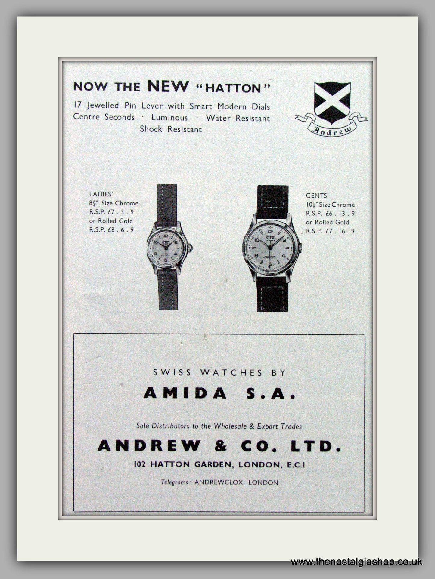Hatton Watches Amida S.A. Original Advert 1954.  (ref AD7707)