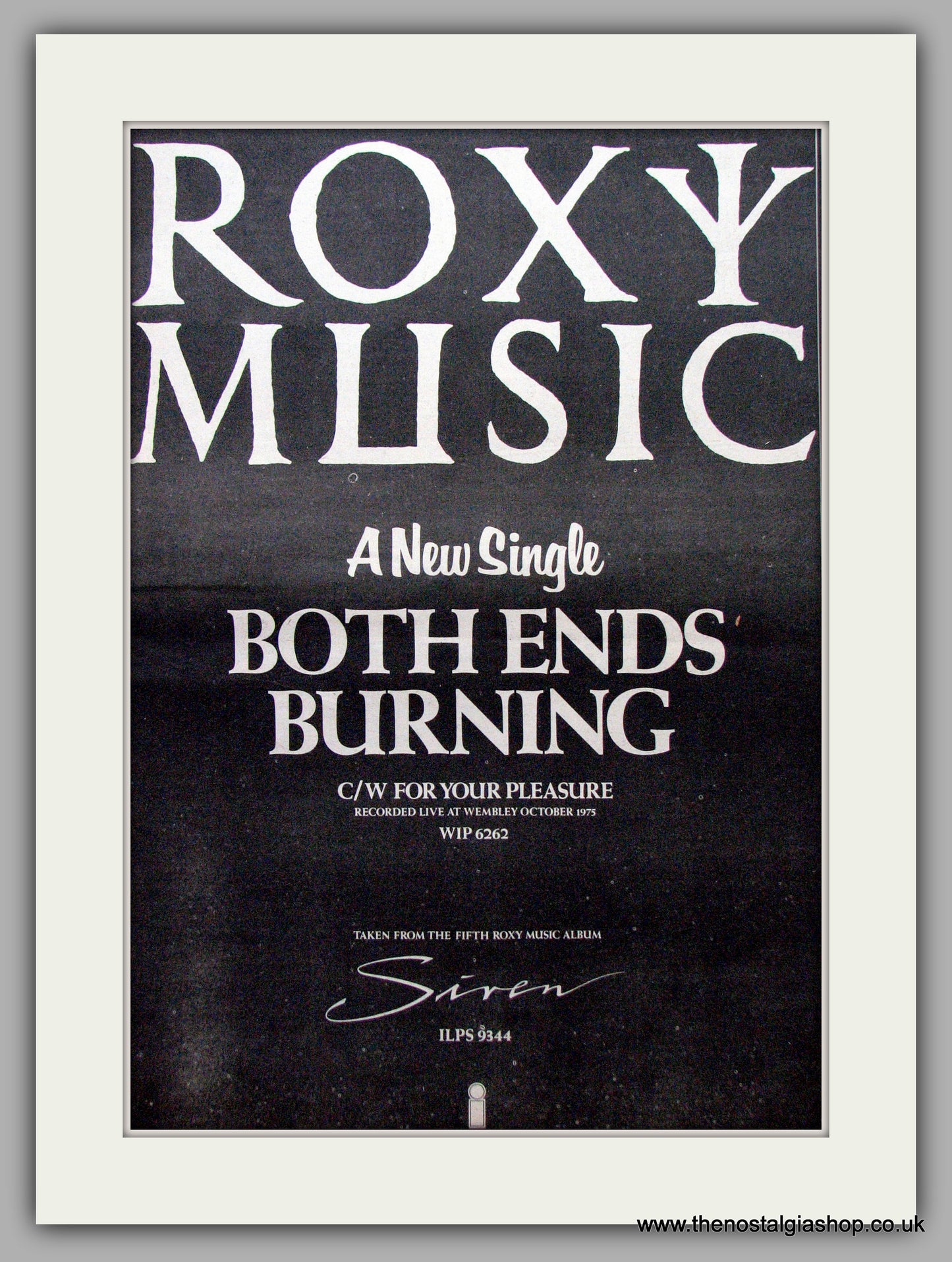Roxy Music. Both Ends Burning. Original Advert 1975 (ref AD9509)