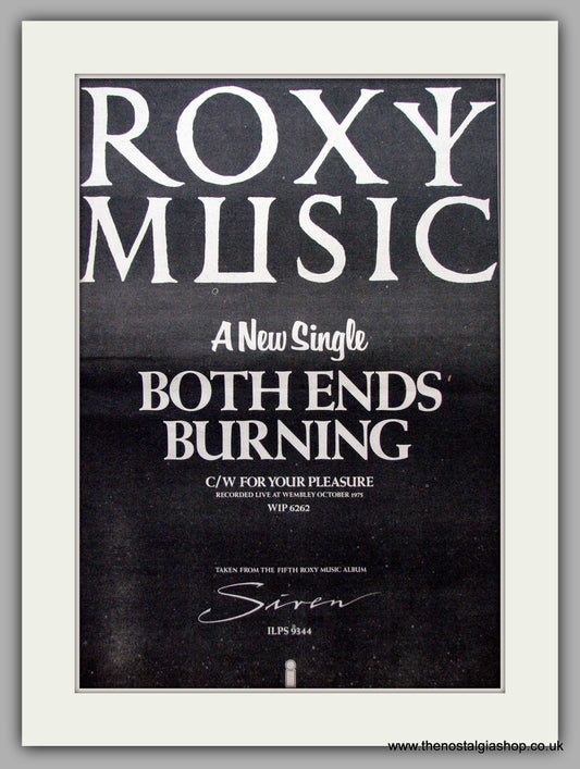 Roxy Music. Both Ends Burning. Original Advert 1975 (ref AD9509)
