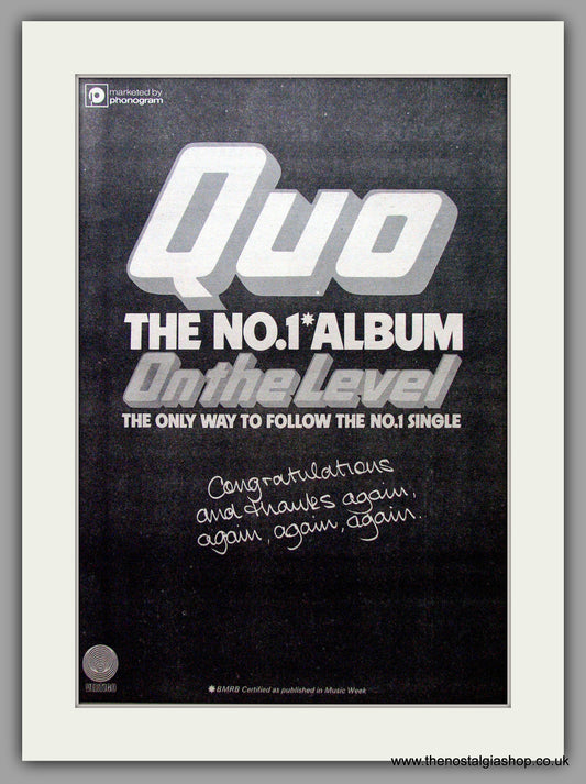Statue Quo. On The Level. Vintage Advert 1975 (ref AD9537)