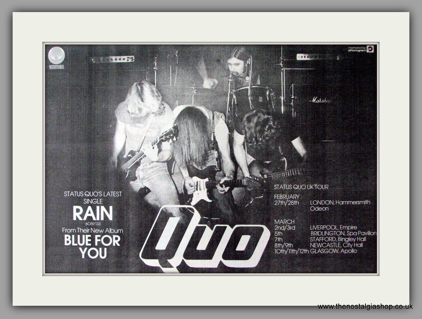 Status Quo. Rain. Blue For You. Vintage Advert 1976 (ref AD9617)