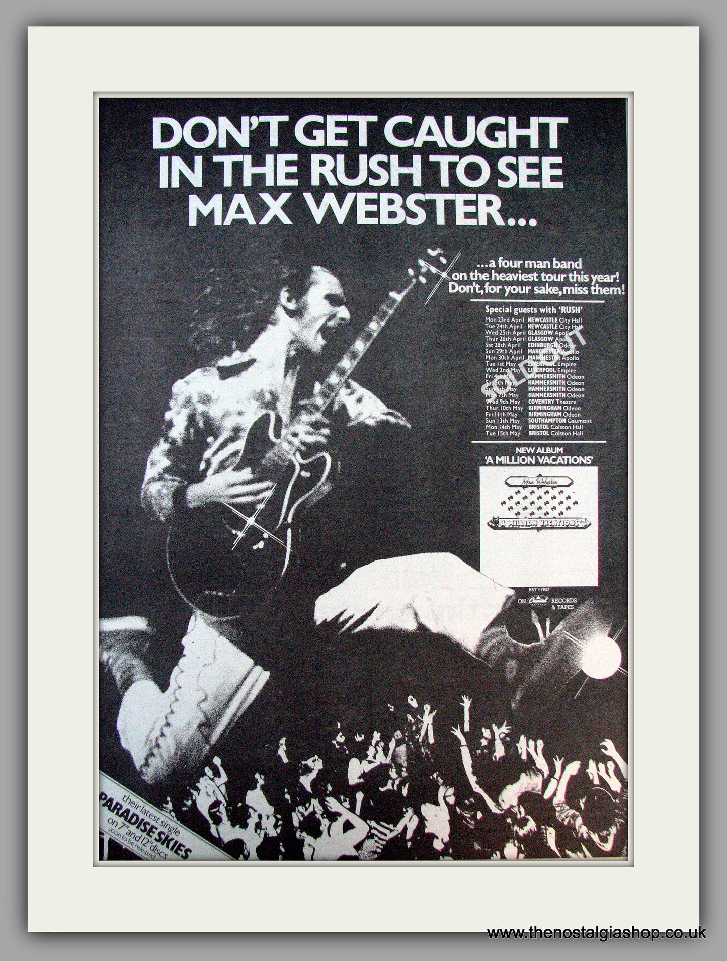 Max Webster. A Million Vacations. UK Tour Dates. Vintage Advert 1979 (ref AD9892)