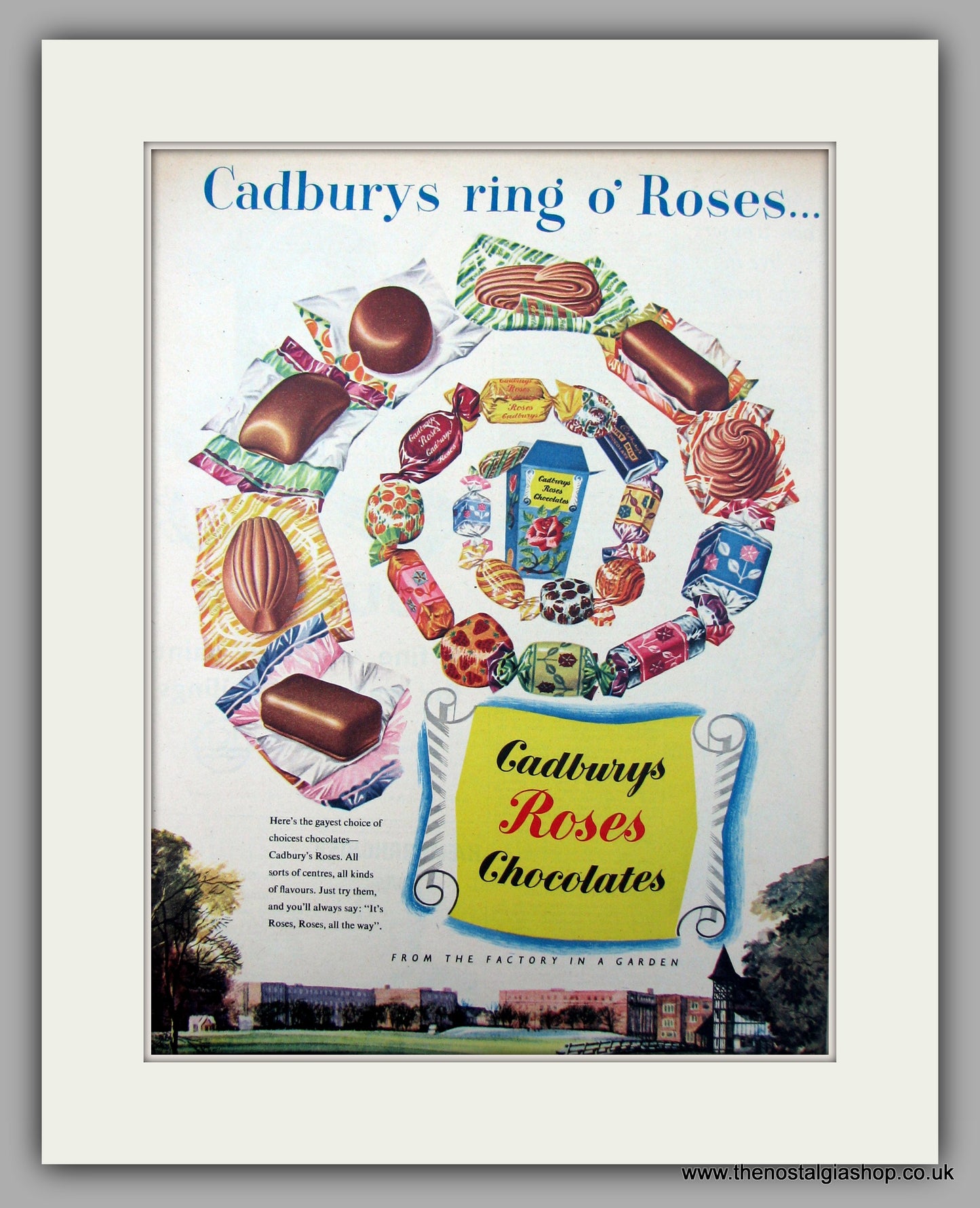 Cadburys Roses Chocolates. Original Advert 1955 (ref AD9940)
