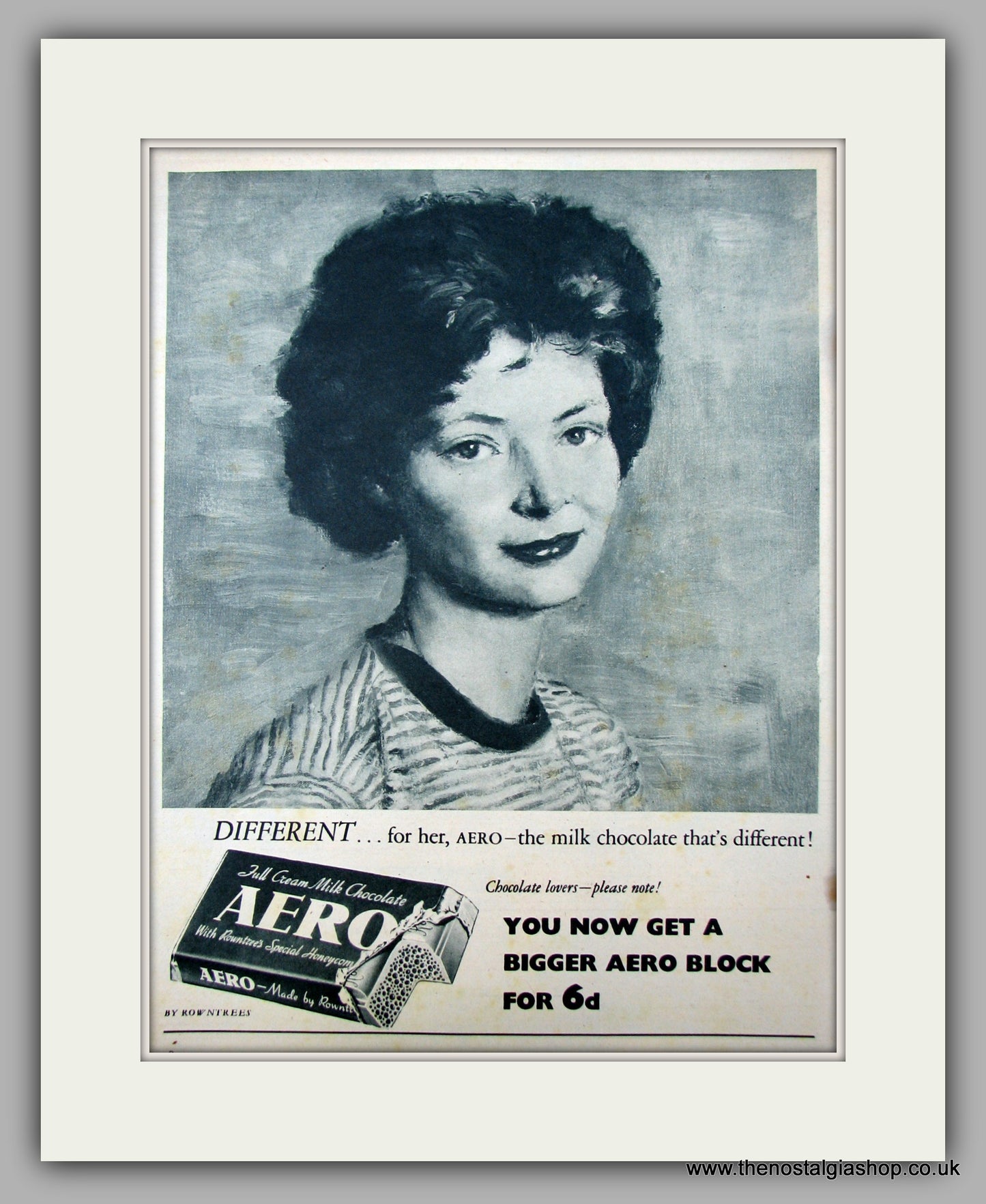 Rowntrees Aero Milk Chocolate Bar. Original Advert 1956 (ref AD9980)