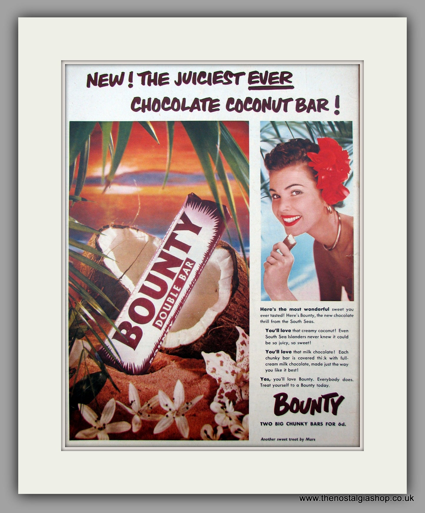 Bounty Double Bar. Original Advert 1953 (ref AD9985)