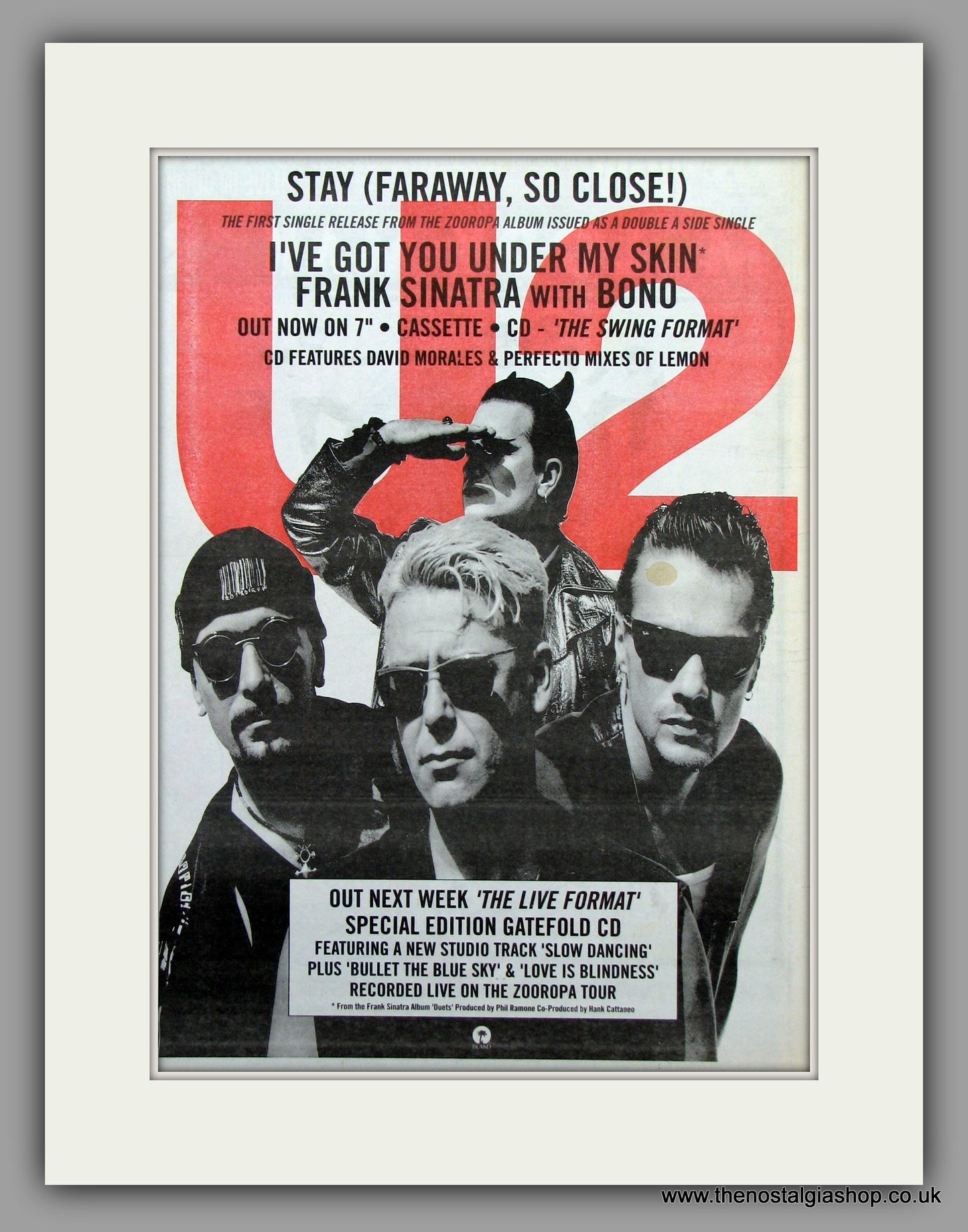 U2 Stay (Far Away, So Close) & Frank Sinatra.  Original Vintage Advert 1993 (ref AD10205)