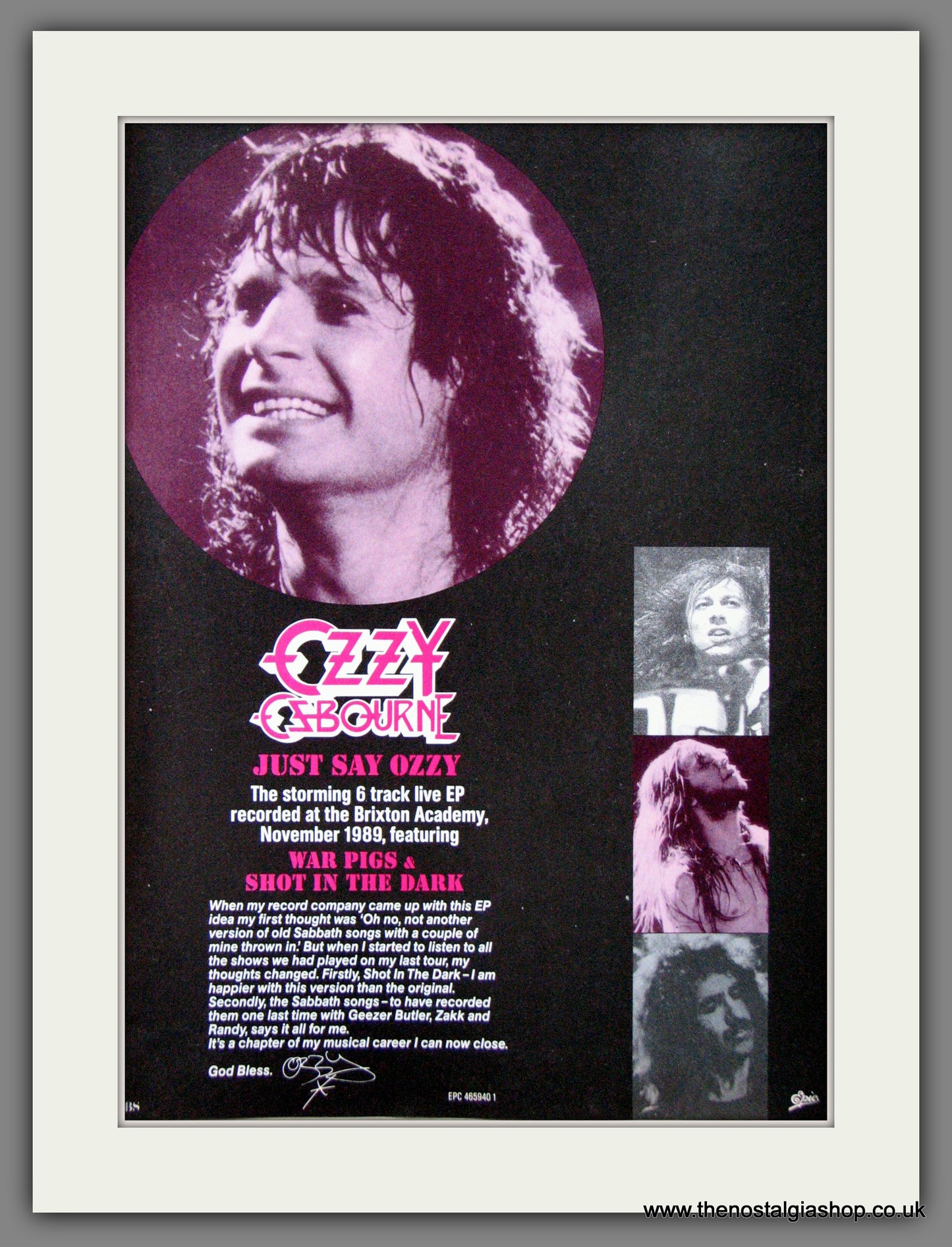 Ozzy Osbourne. Just Say Ozzy 1989. Original Advert (ref AD55079)