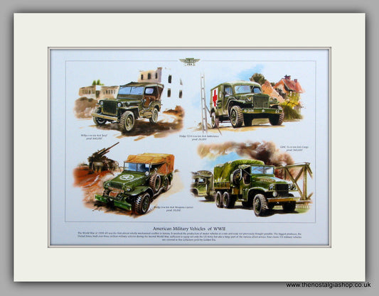 American Military Vehicles of WWII.  Mounted Print