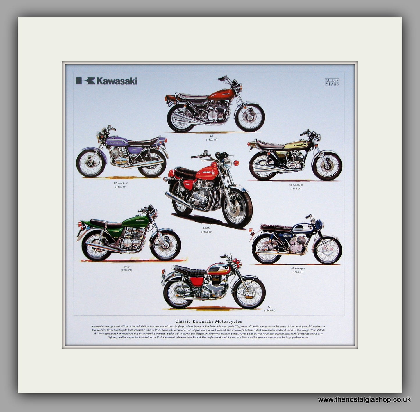 Kawasaki Classic Motorcycles. Mounted Print.