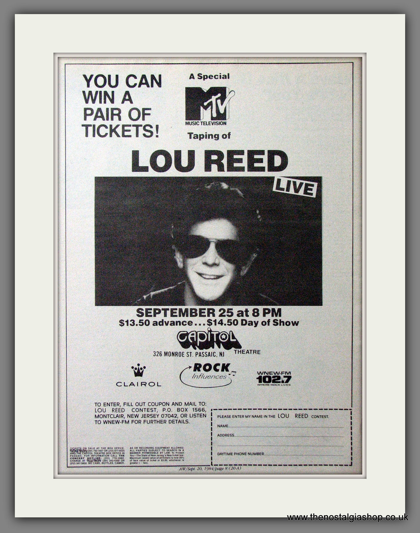Lou Reed Live. Original Advert 1984 (ref AD12719)