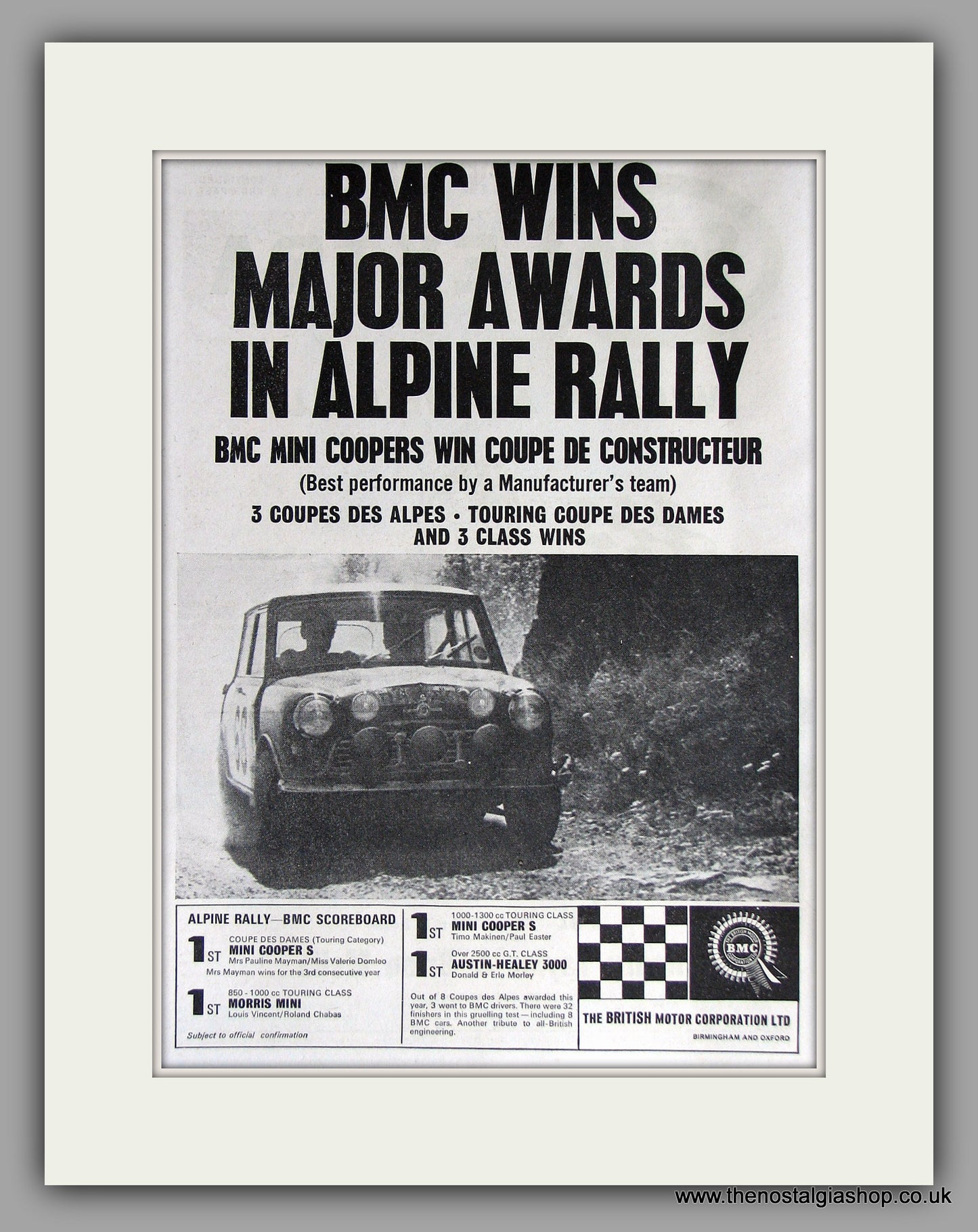 Mini Coopers BMC Win Alpine Rally. 1965 Original Vintage Advert (ref AD7769)