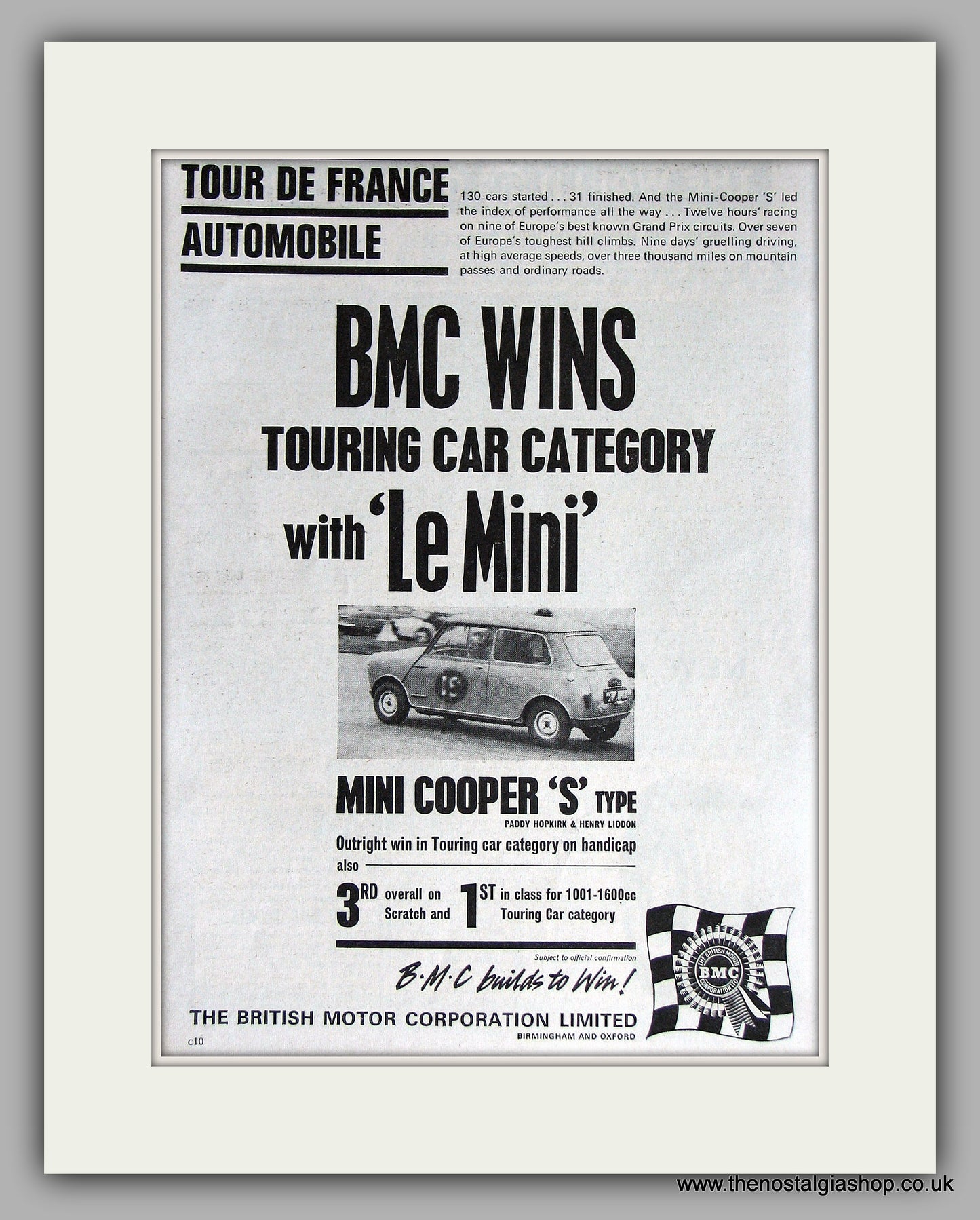 Mini Coopers Win Tour De France with Le Mini. 1963 Original Vintage Advert (ref AD7777)