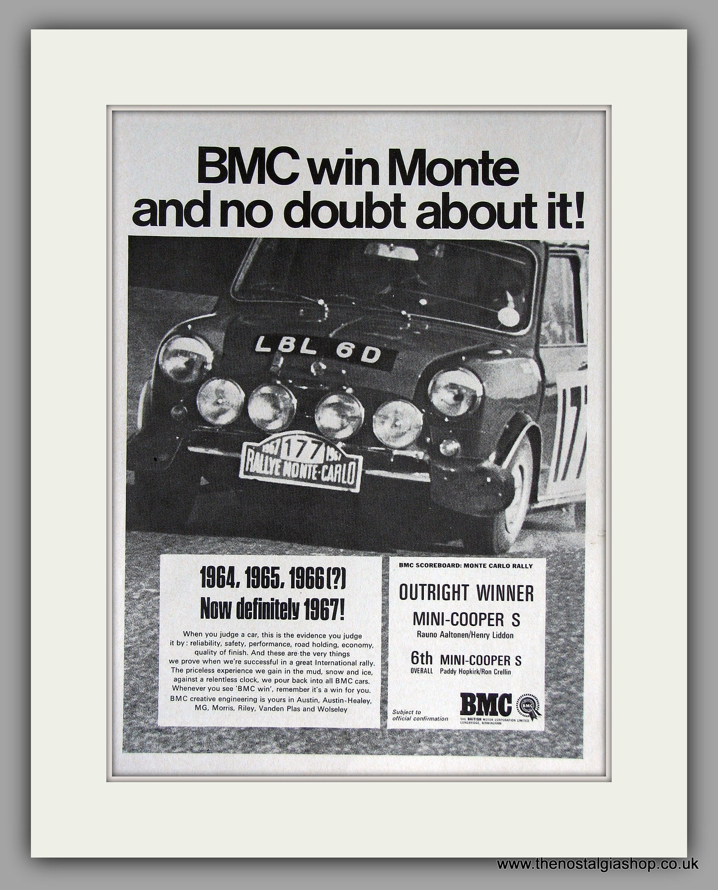 Mini Coopers Win Monte. 1967 Original Vintage Advert (ref AD7778)