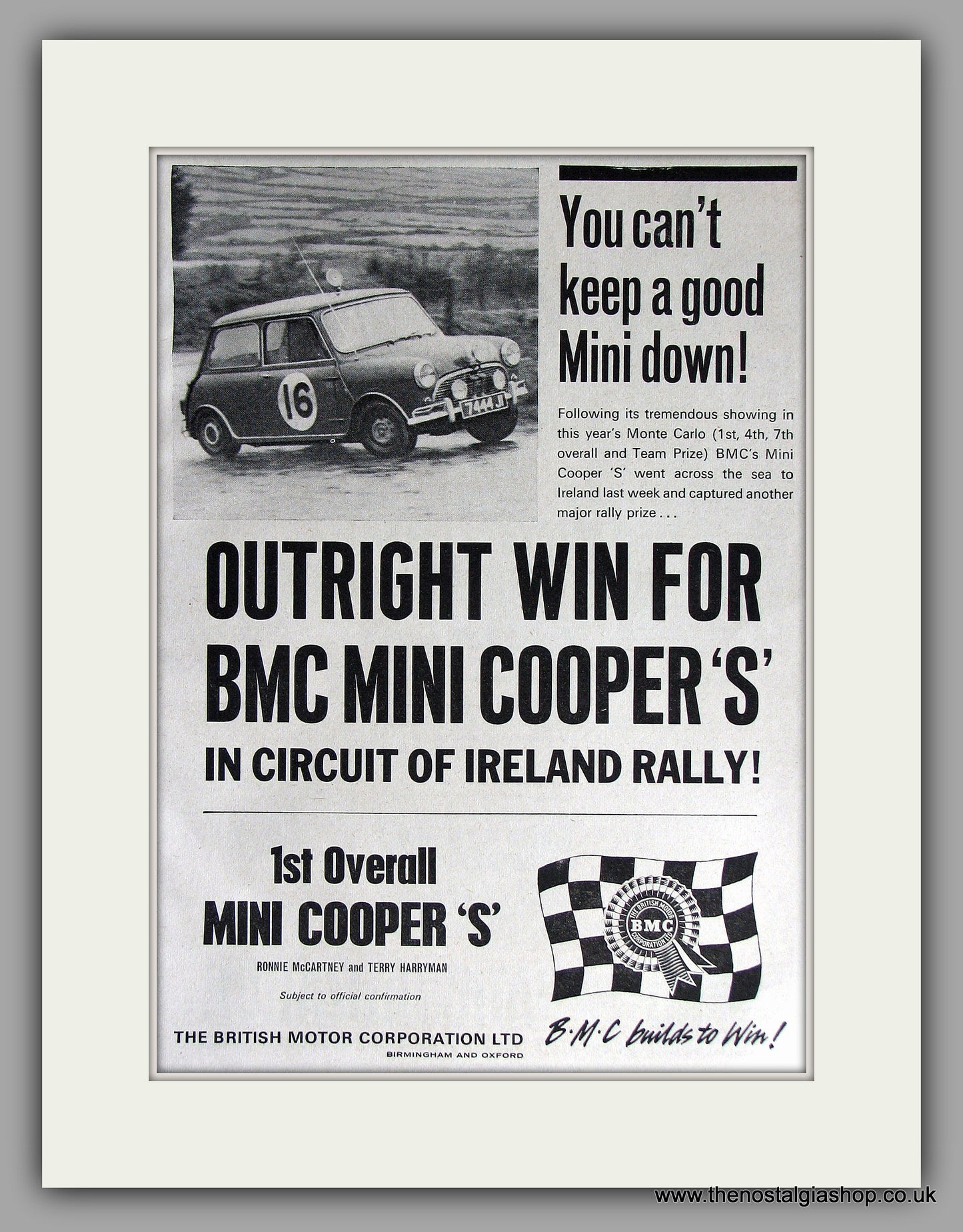 Mini Cooper Wins Overall in Circuit of Ireland Rally. 1964 Original Vintage Advert (ref AD7781)