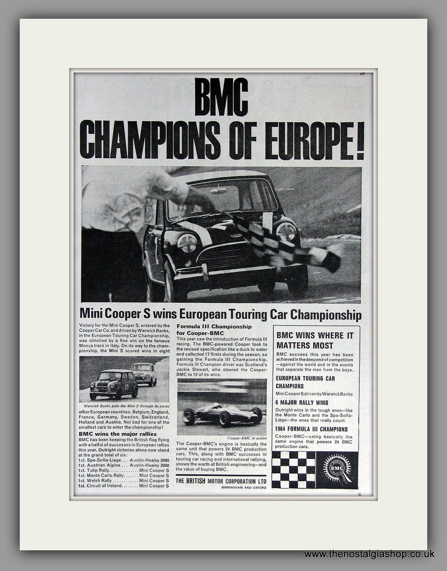 Mini Cooper BMC Champions of Europe. 1964 Original Vintage Advert (ref AD7782)
