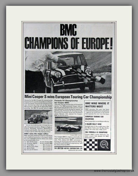 Mini Cooper BMC Champions of Europe. 1964 Original Vintage Advert (ref AD7782)