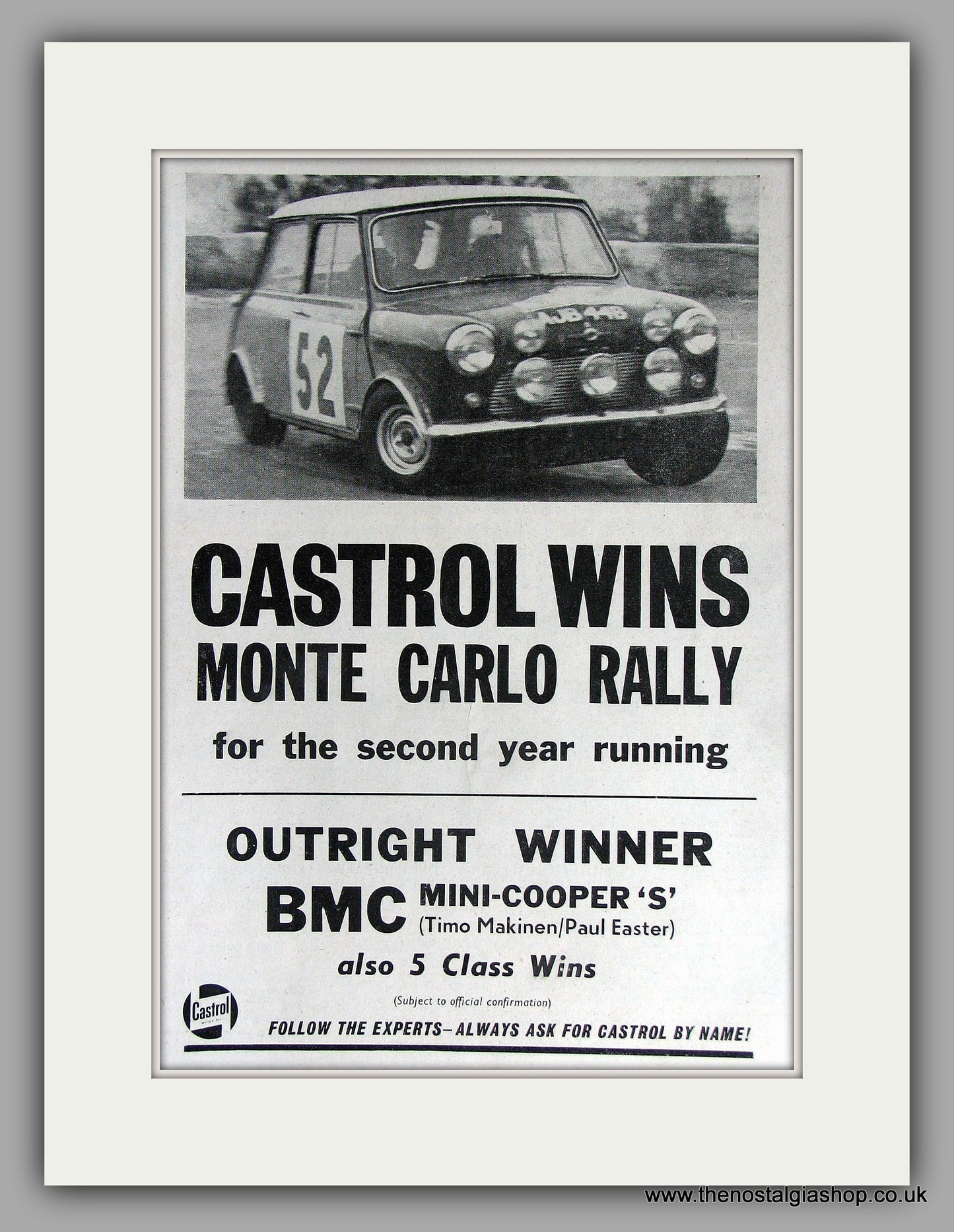 Mini Coopers, Monte Carlo Rally using Castrol Oil. 1965 Original Vintage Advert (ref AD7787)