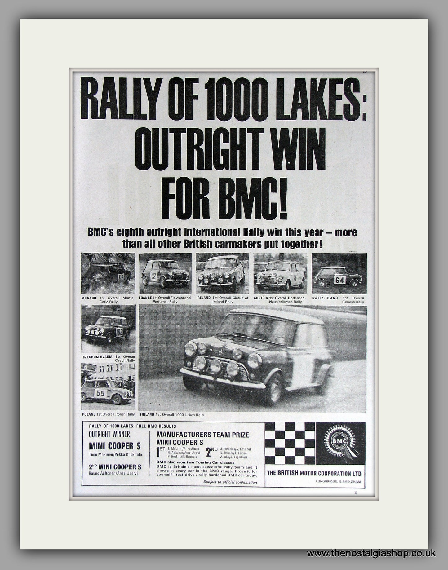 Mini Coopers win Rally of 1000 Lakes. 1965 Original Vintage Advert (ref AD7788)