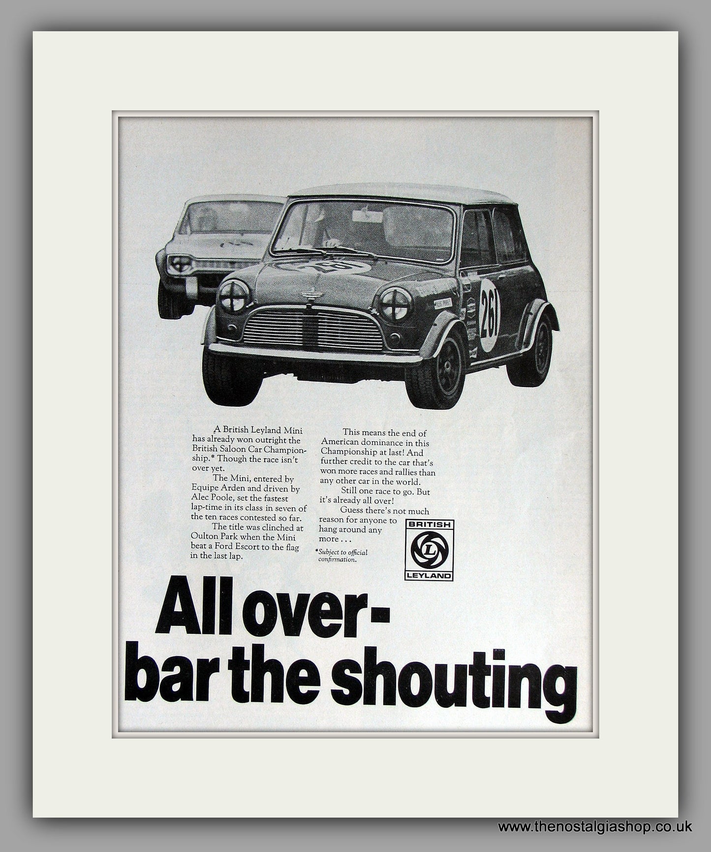 Mini Cooper Wins British Saloon Car Championships,  Oulton Park 1969. Original Vintage Advert (ref AD7799)