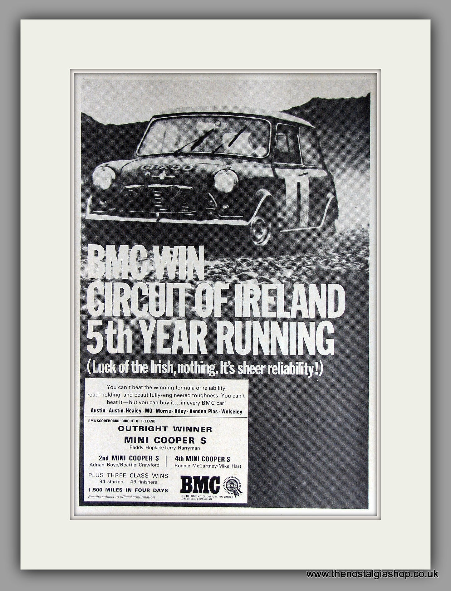 Mini Coopers win Circuit of Ireland for 5th year running. 1967 Original Vintage Advert (ref AD7790)
