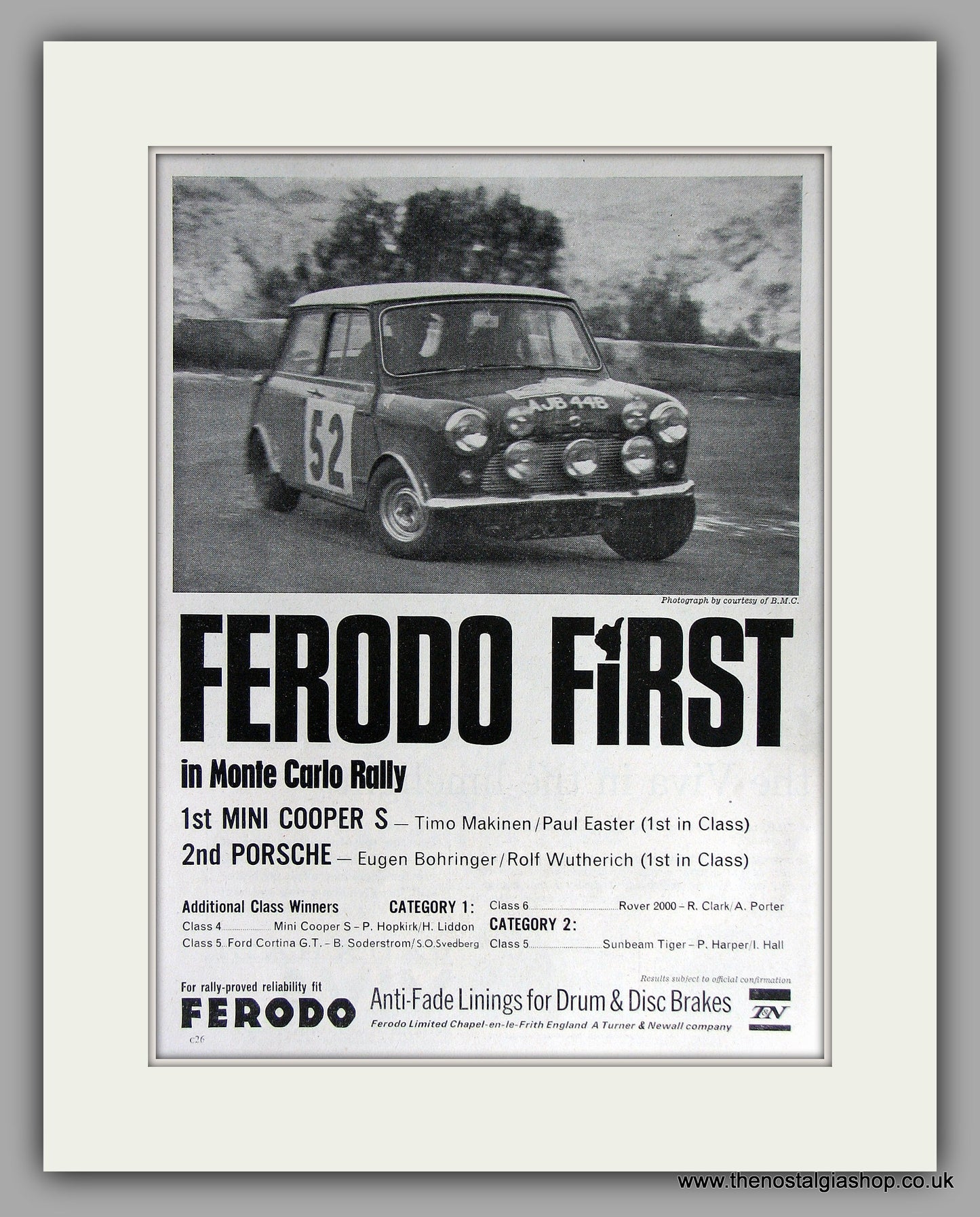 Mini Coopers win Monte Carlo using Ferodo Brakes. 1965 Original Vintage Advert (ref AD7791)