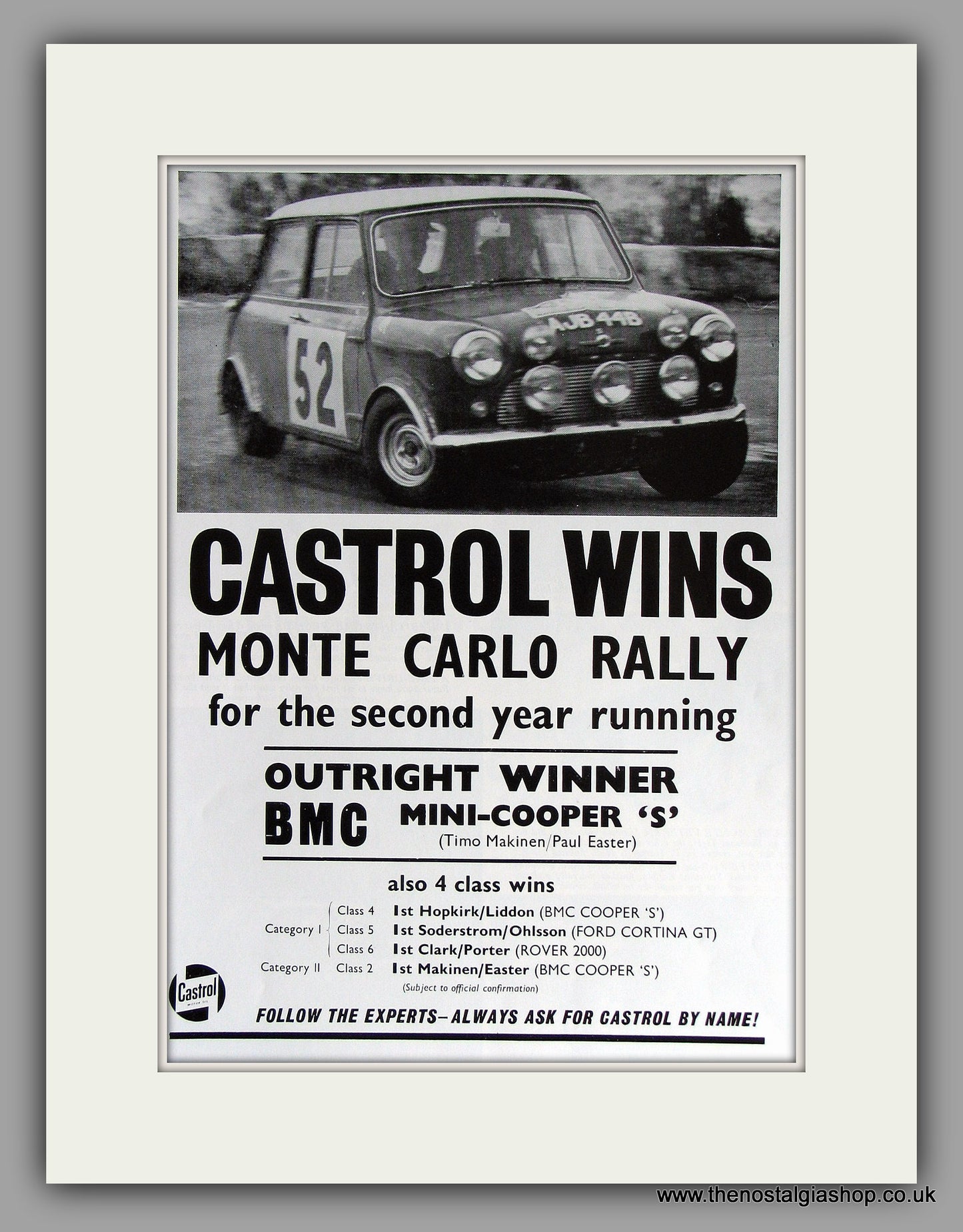 Mini Cooper S Wins Monte Carlo Rally with Castrol  1965. Original Vintage Advert (ref AD7795)