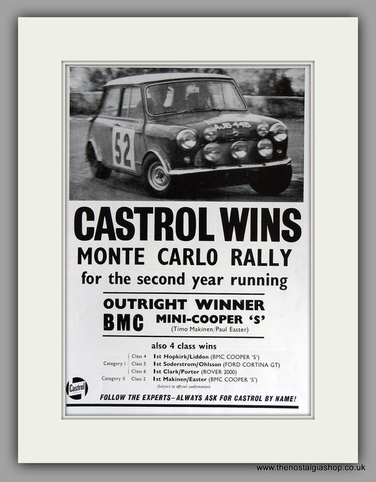 Mini Cooper S Wins Monte Carlo Rally with Castrol  1965. Original Vintage Advert (ref AD7795)