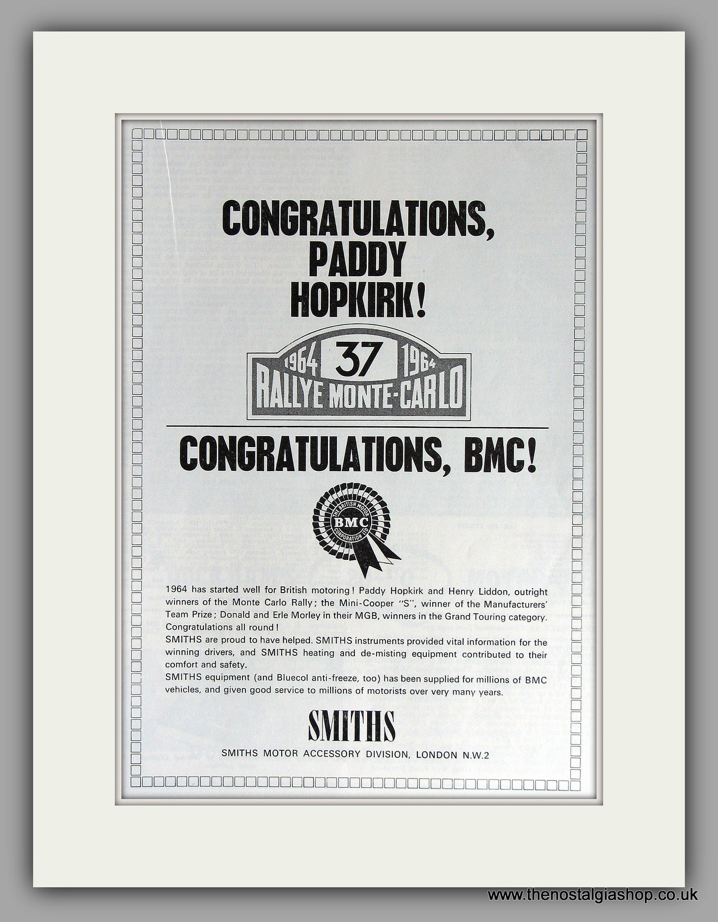 Mini Cooper S. BMC Congratulations Paddy Hopkirk 1964. Original Vintage Advert (ref AD7798)