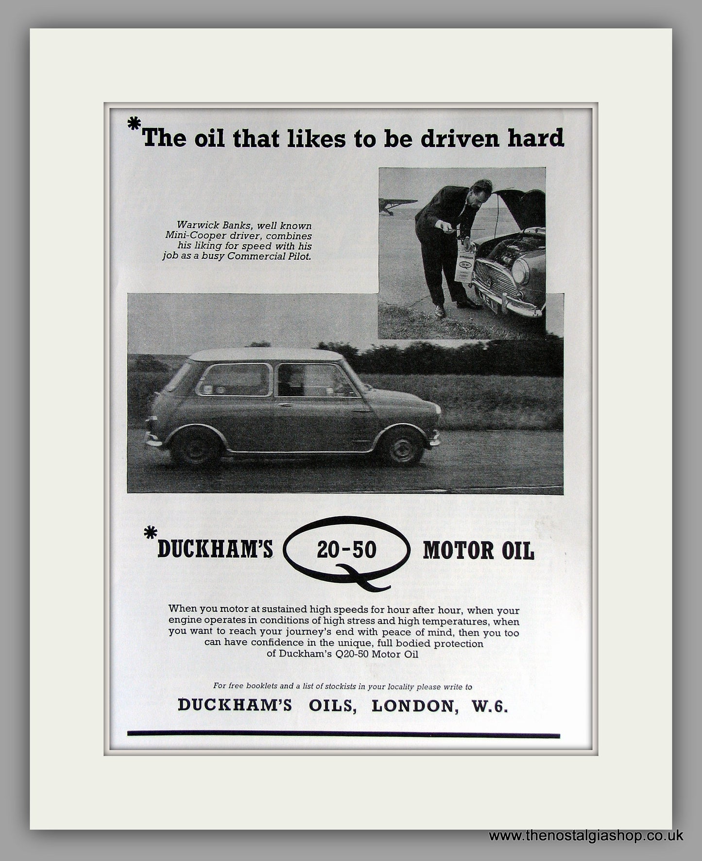 Mini Cooper Driver Warwick Banks uses Duckhams 20-50 Oil 1965. Original Vintage Advert (ref AD7800)