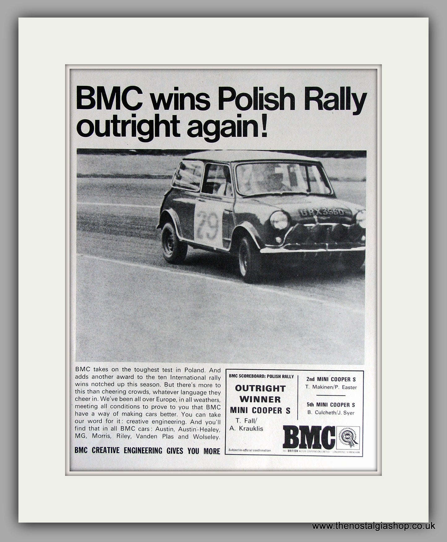 Mini Cooper S  BMC Wins Polish Rally. 1966 Original Vintage Advert (ref AD7810)