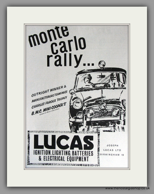 Mini Cooper S BMC Monte Carlo Rally with Lucas Equipment. 1964 Original Vintage Advert (ref AD7815)