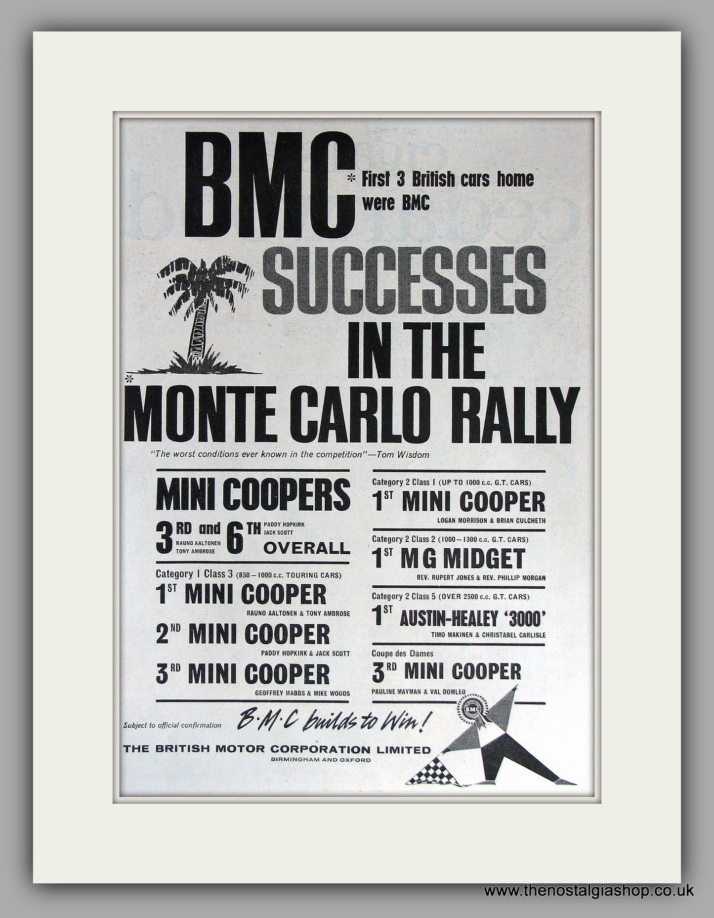 Mini Cooper S BMC Monte Carlo Rally Sucesses. 1963 Original Vintage Advert (ref AD7816)
