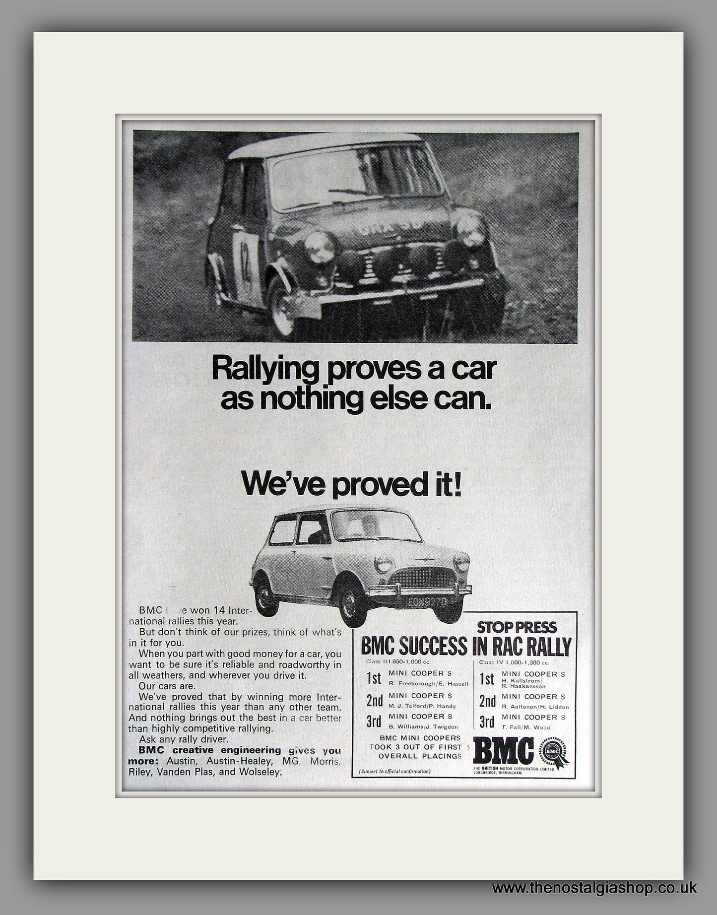 Mini Cooper S BMC Winners RAC Rally 1966. Original Vintage Advert (ref AD7819)