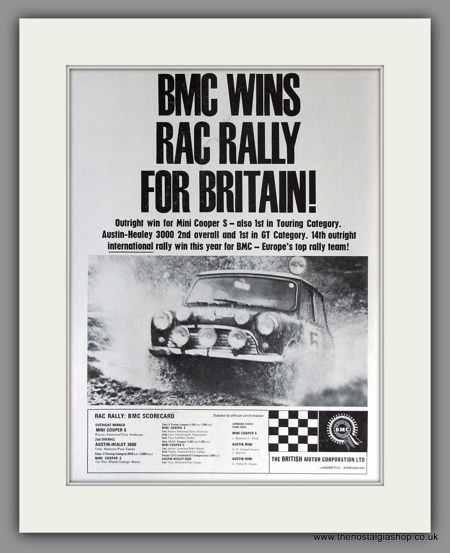 Mini Cooper S BMC Wins RAC Rally 1965. Original Vintage Advert (ref AD7832)