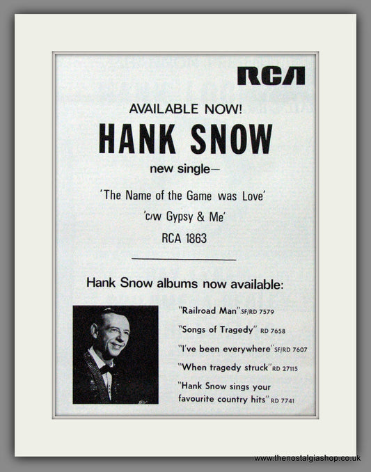 Hank Snow. The Name of the Game Was Love. 1969.  Original Advert (ref AD55214)