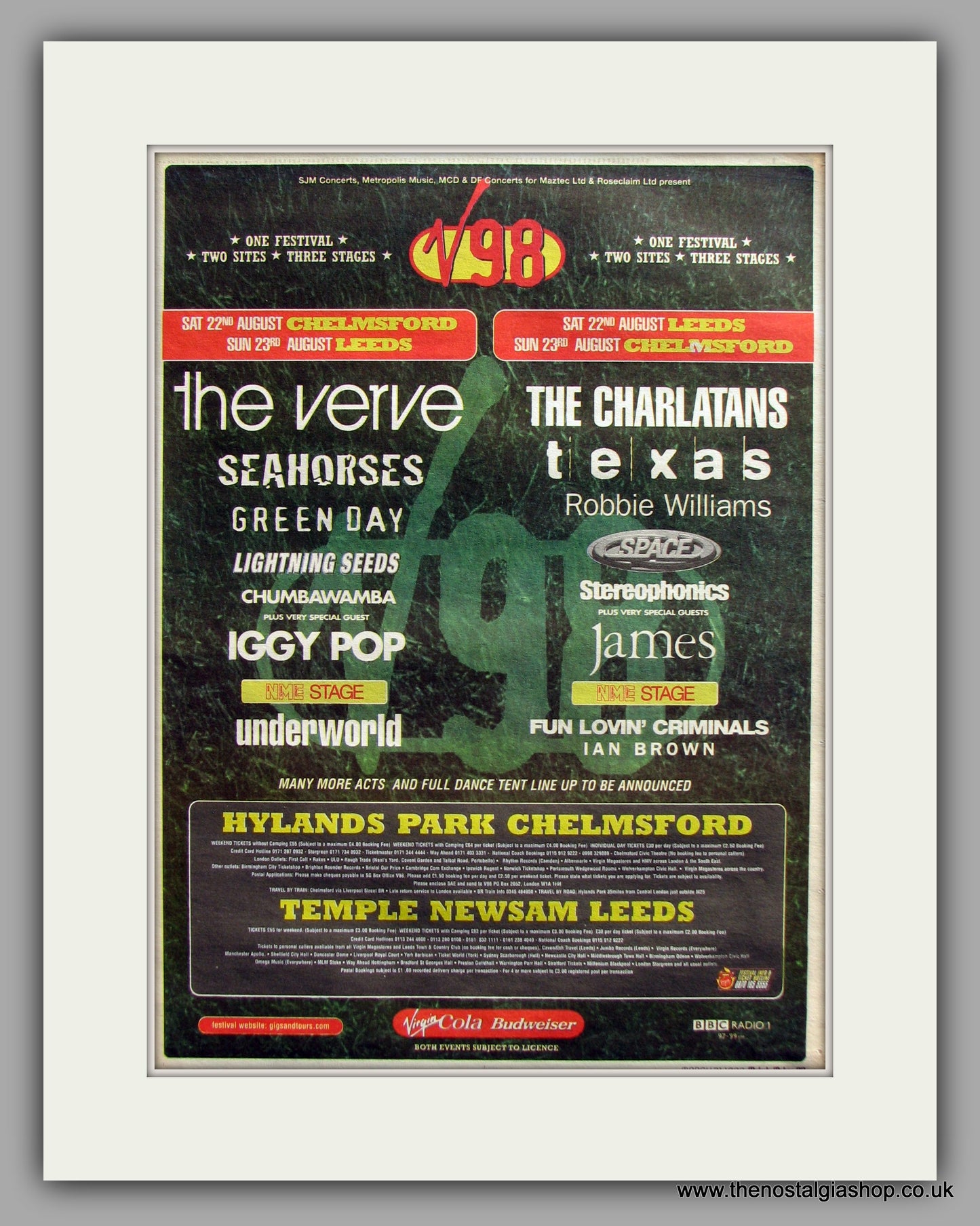 V98 Festival Hylands Park Chelmsford & Temple Newsam Leeds.  Original Vintage Advert 1998 (ref AD10576)