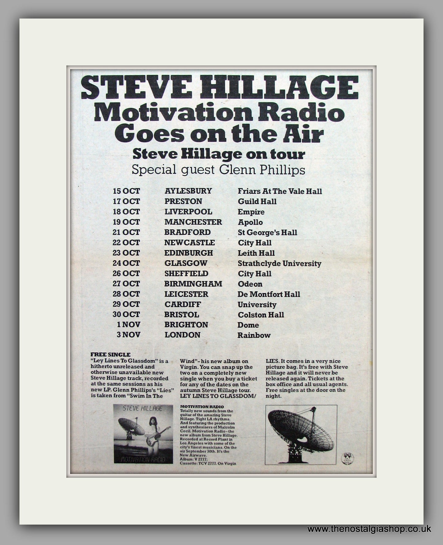 Steve Hillage Motivation Radio On Tour Guest Glenn Philips.  Original Vintage Advert 1977 (ref AD10476)