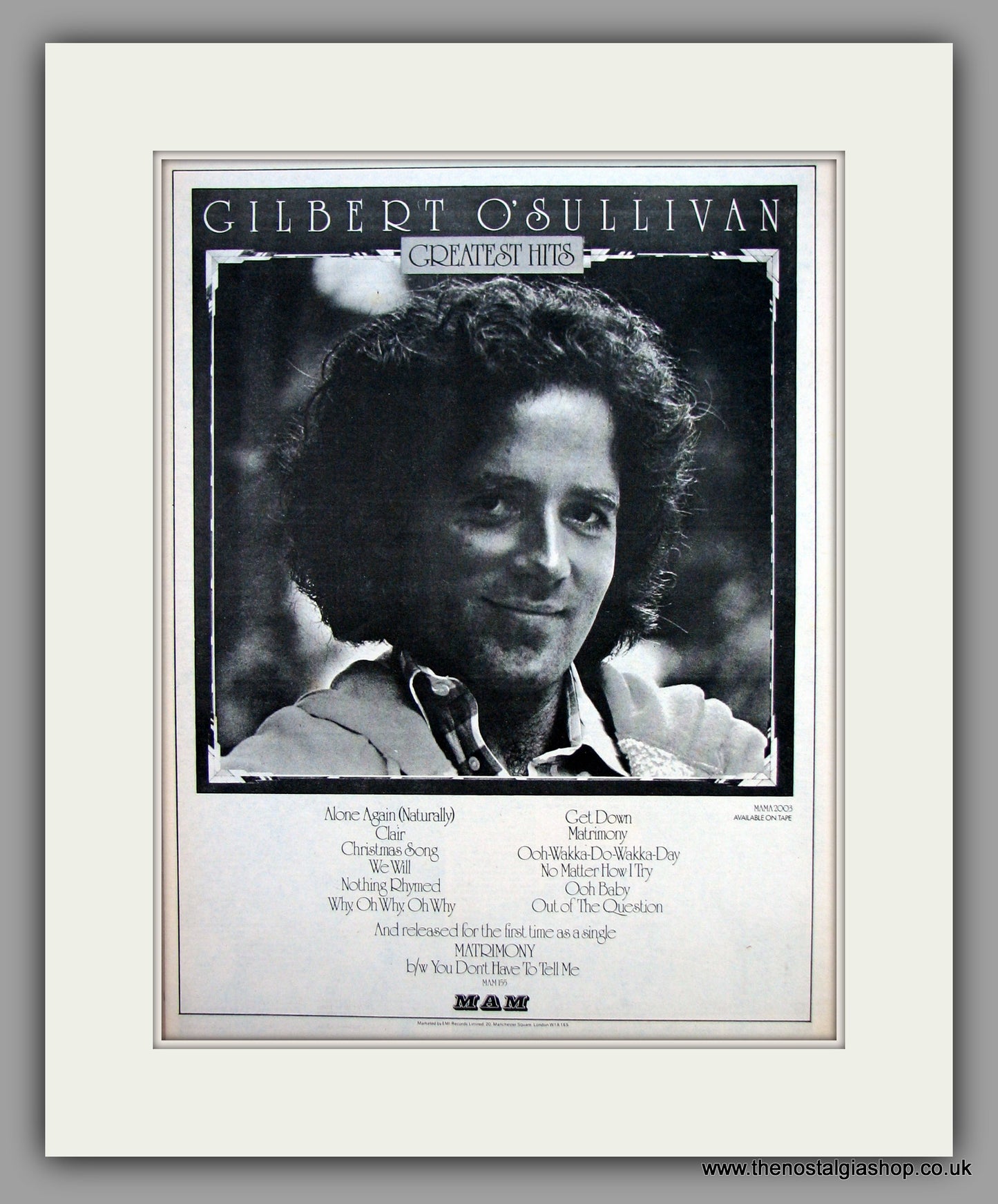 Gilbert O'Sullivan-Greatest Hits.  Original Vintage Advert 1976 (ref AD10505)