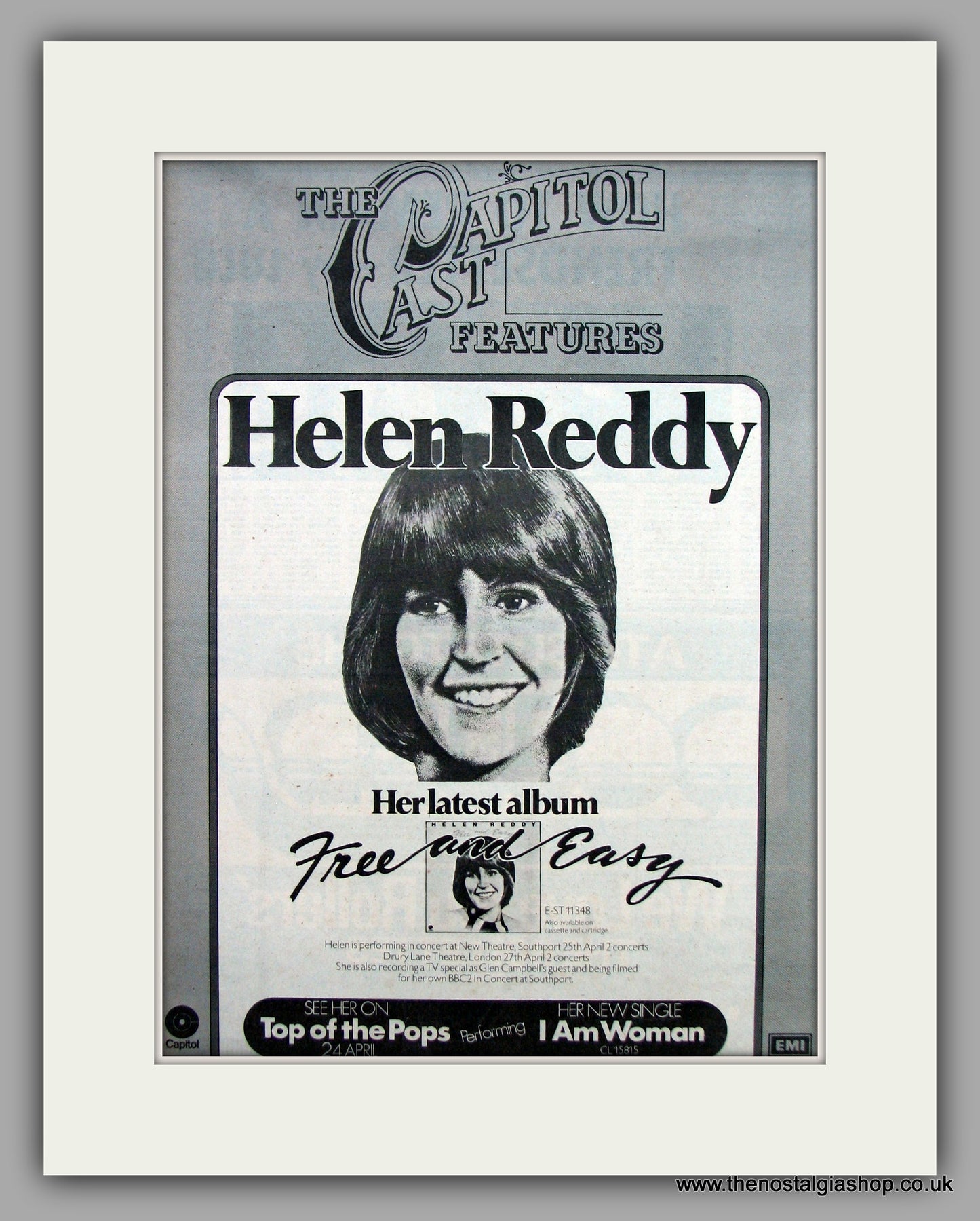 Helen Reddy- Free And Easy.  Original Vintage Advert 1975 (ref AD10545)