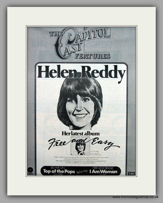 Helen Reddy- Free And Easy.  Original Vintage Advert 1975 (ref AD10545)