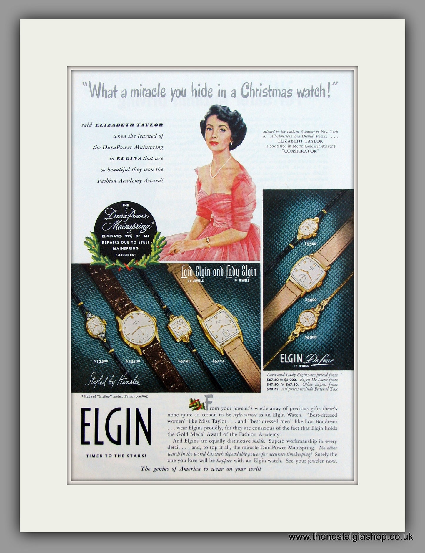Elgin Watches - Elizabeth Taylor. 1949 Original Vintage Advert  (ref AD7929)